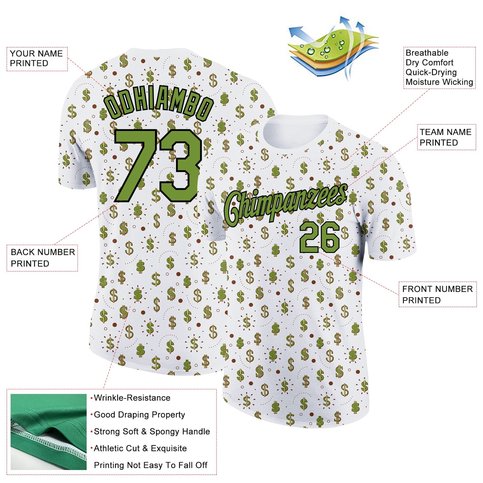 Custom White Neon Green-Black 3D Pattern Design Dollar Sign Money Theme Performance T-Shirt view 2