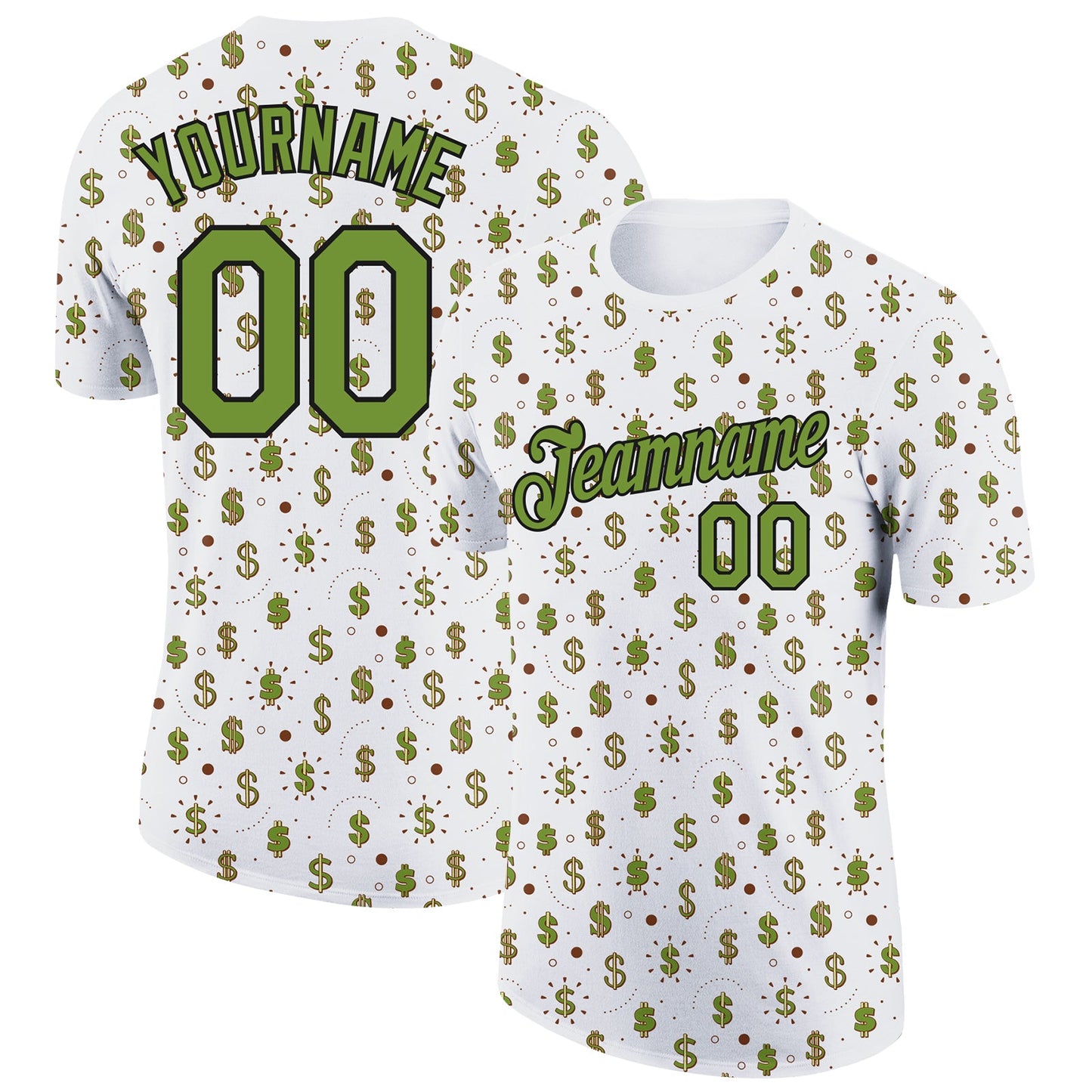Custom White Neon Green-Black 3D Pattern Design Dollar Sign Money Theme Performance T-Shirt - Main View