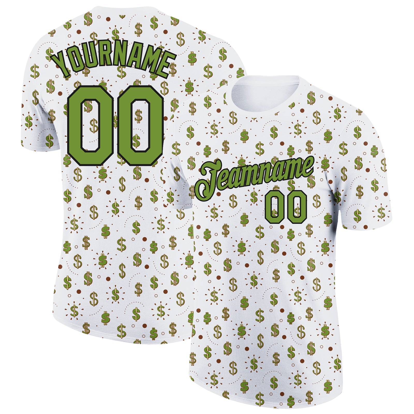 Custom White Neon Green-Black 3D Pattern Design Dollar Sign Money Theme Performance T-Shirt - Main View