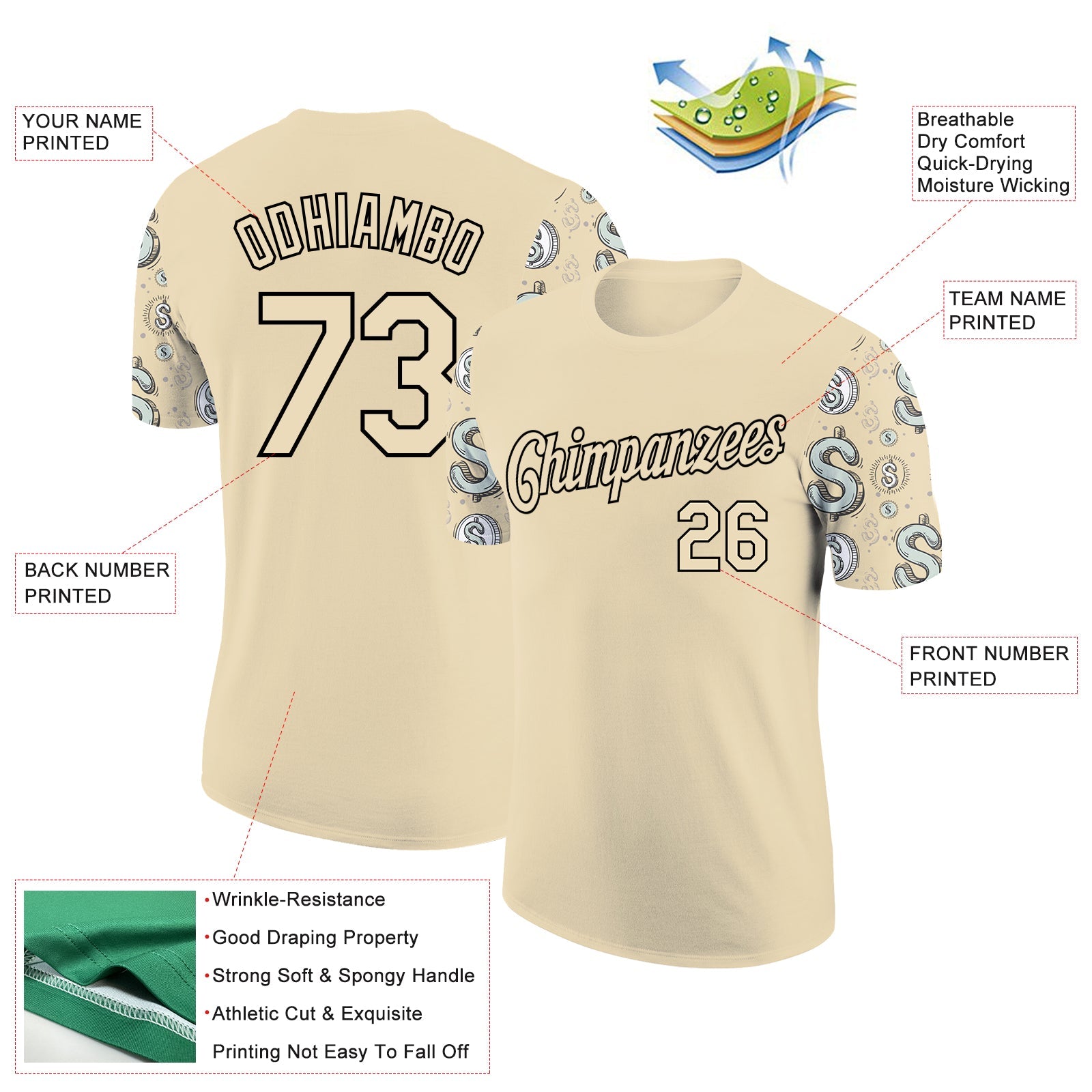 Custom Cream Black 3D Pattern Design Dollar Sign Money Theme Performance T-Shirt view 2