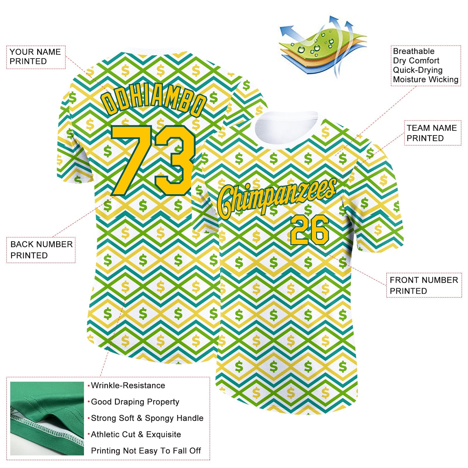 Custom White Yellow-Midnight Green 3D Pattern Design Dollar Sign Money Theme Performance T-Shirt view 2
