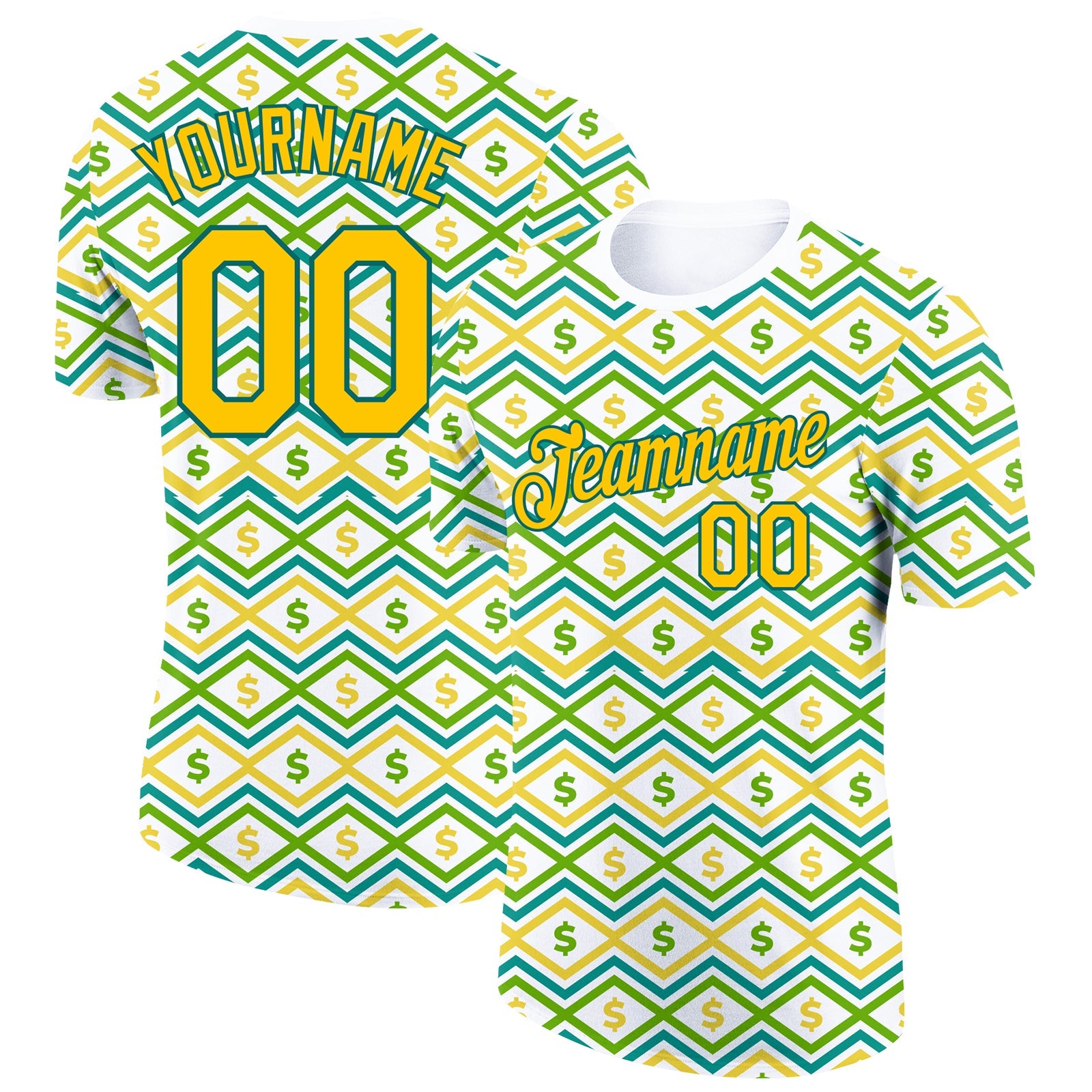 Custom White Yellow-Midnight Green 3D Pattern Design Dollar Sign Money Theme Performance T-Shirt - Main View