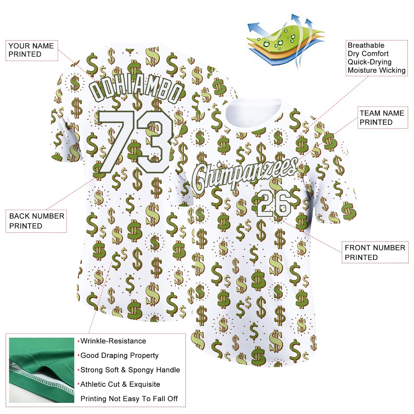 Custom White Olive 3D Pattern Design Dollar Sign Money Theme Performance T-Shirt view 2