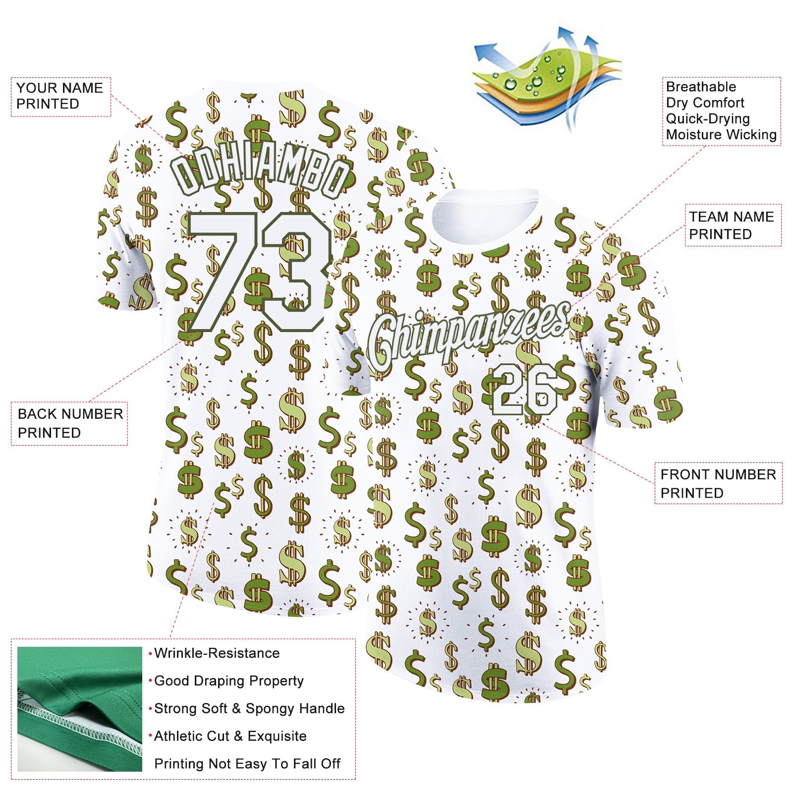 Custom White Olive 3D Pattern Design Dollar Sign Money Theme Performance T-Shirt view 2