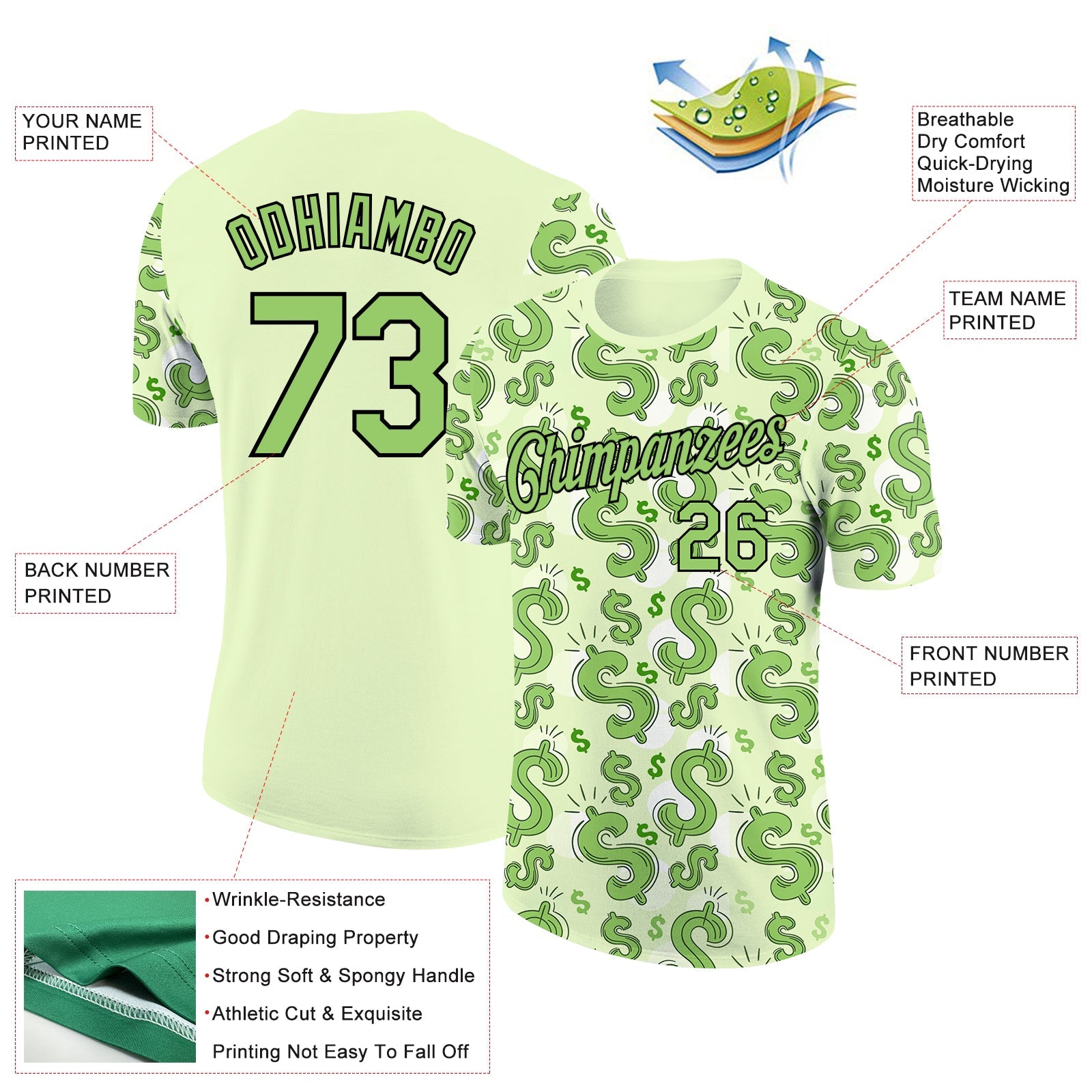 Custom Green Neon Green-Black 3D Pattern Design Dollar Sign Money Theme Performance T-Shirt view 2