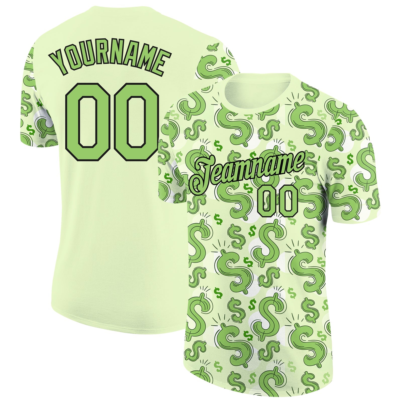 Custom Green Neon Green-Black 3D Pattern Design Dollar Sign Money Theme Performance T-Shirt - Main View