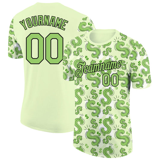 Custom Green Neon Green-Black 3D Pattern Design Dollar Sign Money Theme Performance T-Shirt - Main View
