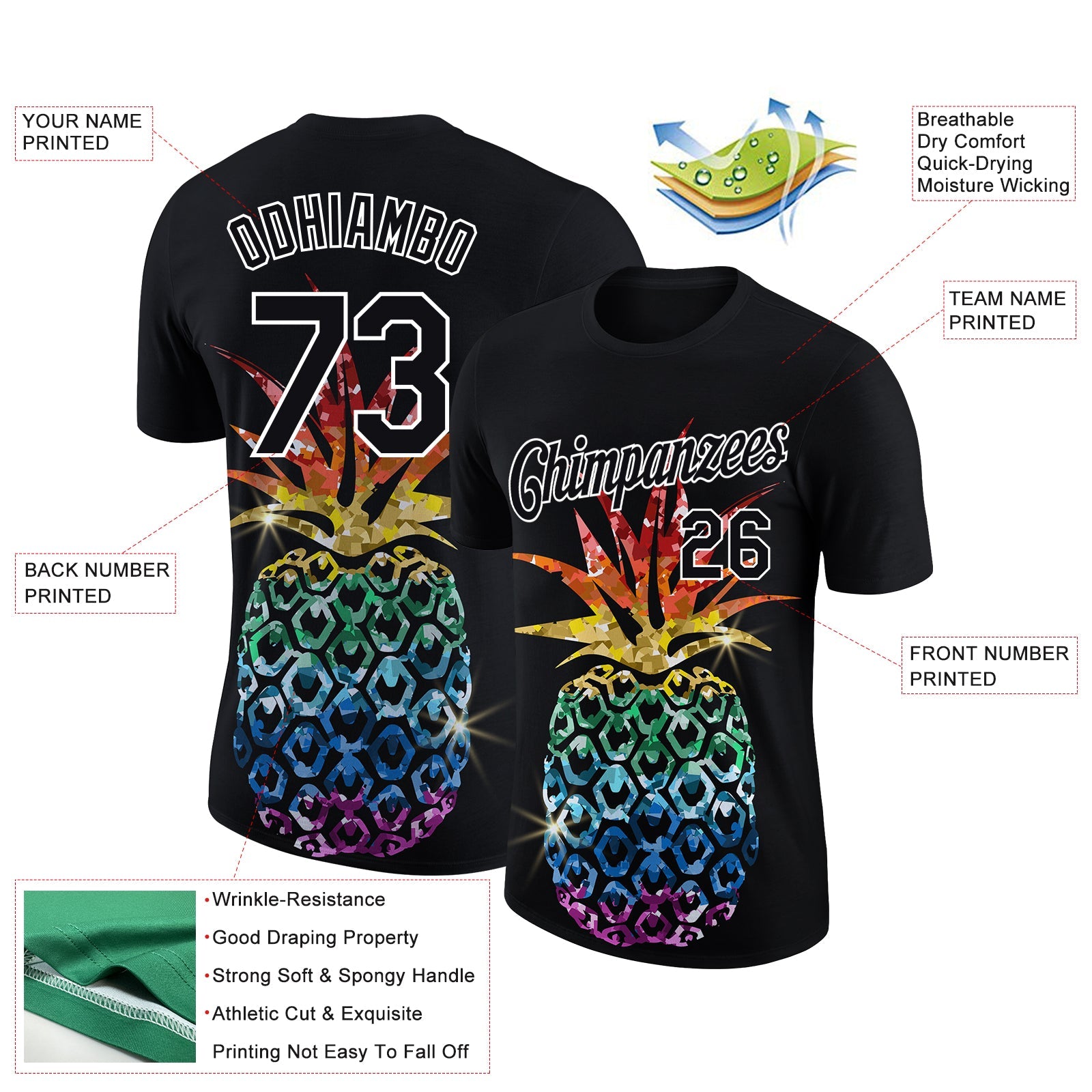 Custom Black White 3D Pattern Design Hawaii Style Glitter Pineapple Performance T-Shirt view 2