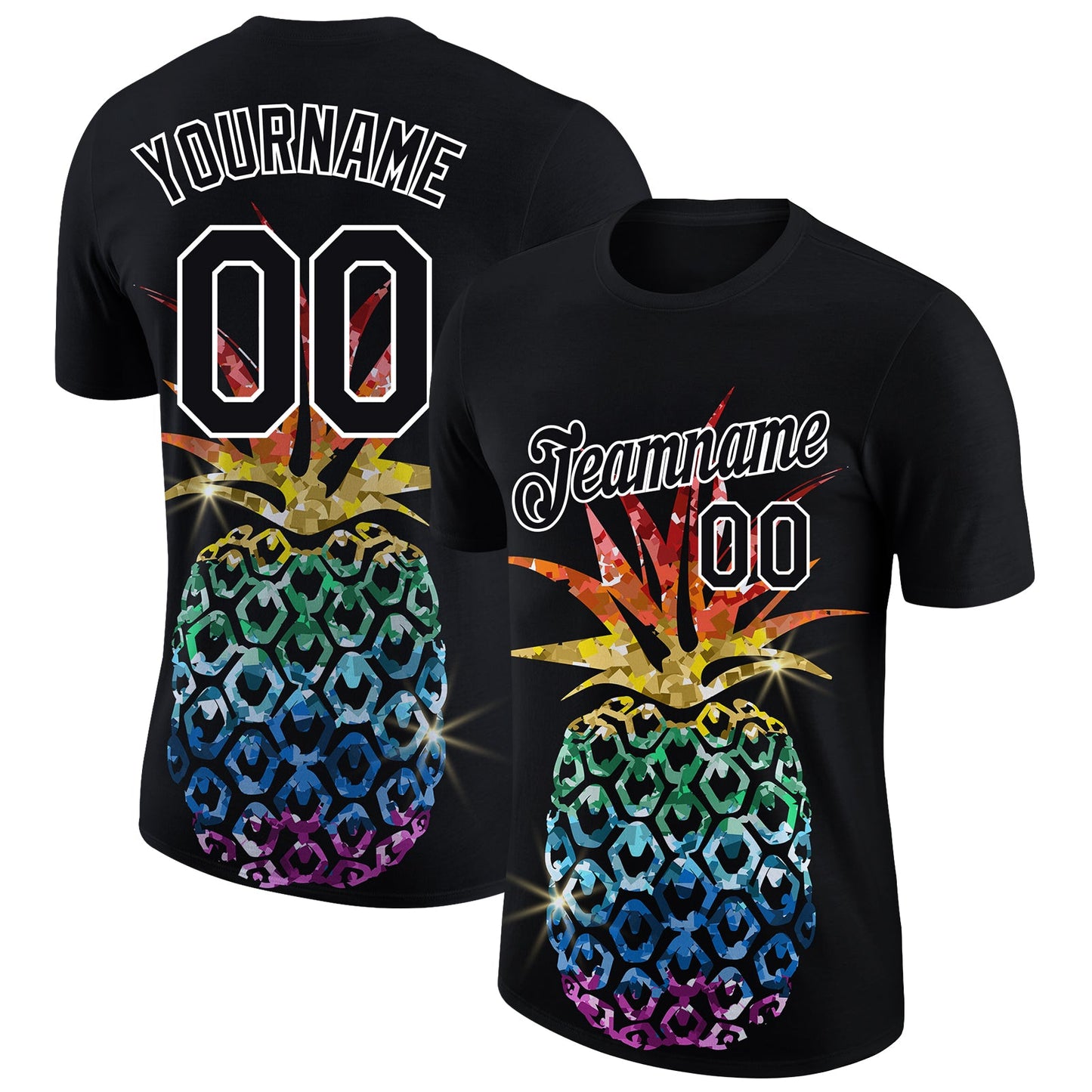 Custom Black White 3D Pattern Design Hawaii Style Glitter Pineapple Performance T-Shirt - Main View