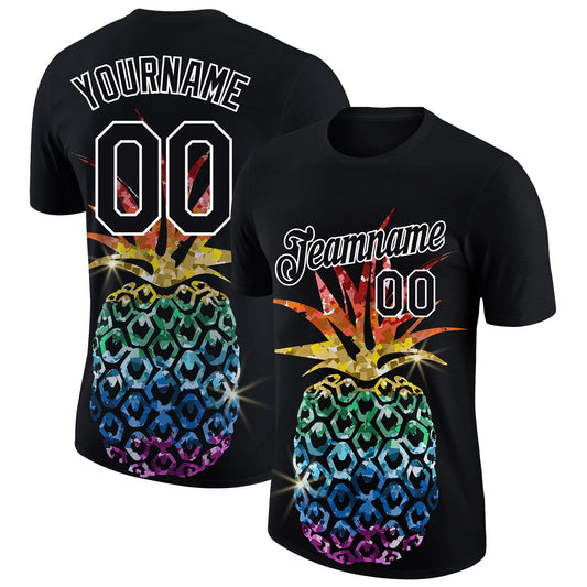Custom Black White 3D Pattern Design Hawaii Style Glitter Pineapple Performance T-Shirt - Main View