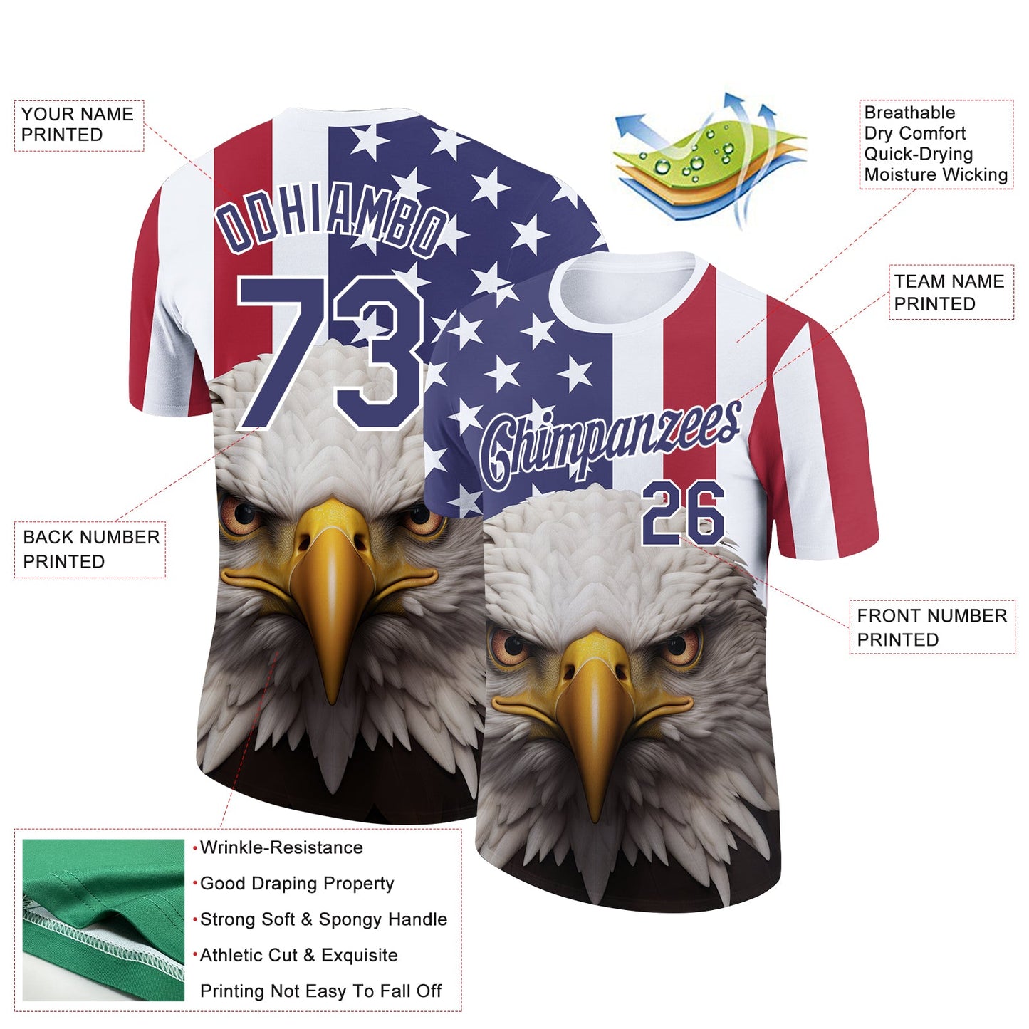 Custom White Royal-Red 3D American Flag And Eagle Performance T-Shirt view 2