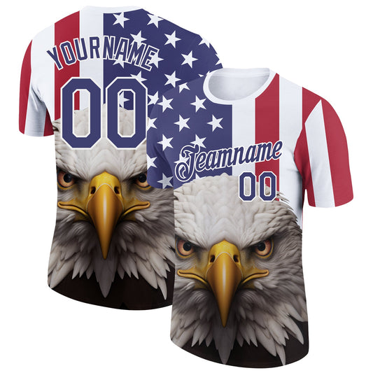 Custom White Royal-Red 3D American Flag And Eagle Performance T-Shirt - Main View