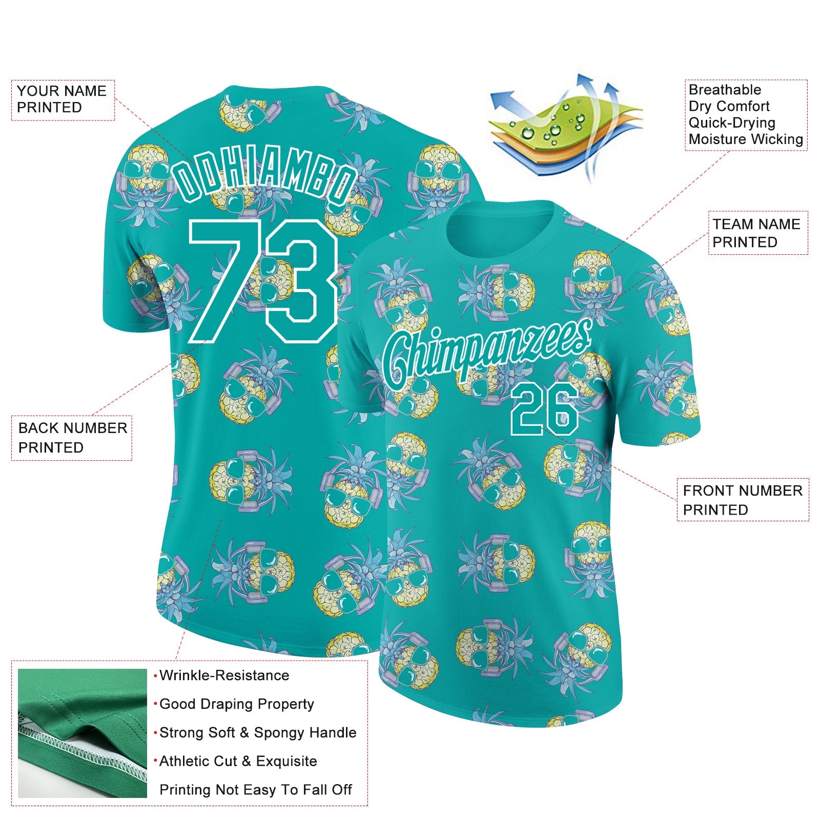 Custom Aqua White 3D Pattern Design Hawaii Style Pineapple Performance T-Shirt view 2
