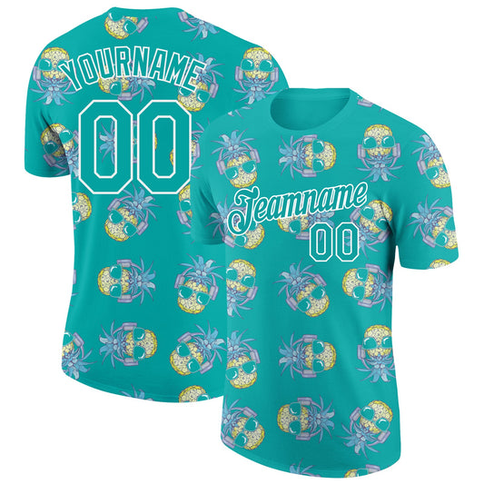 Custom Aqua White 3D Pattern Design Hawaii Style Pineapple Performance T-Shirt - Main View