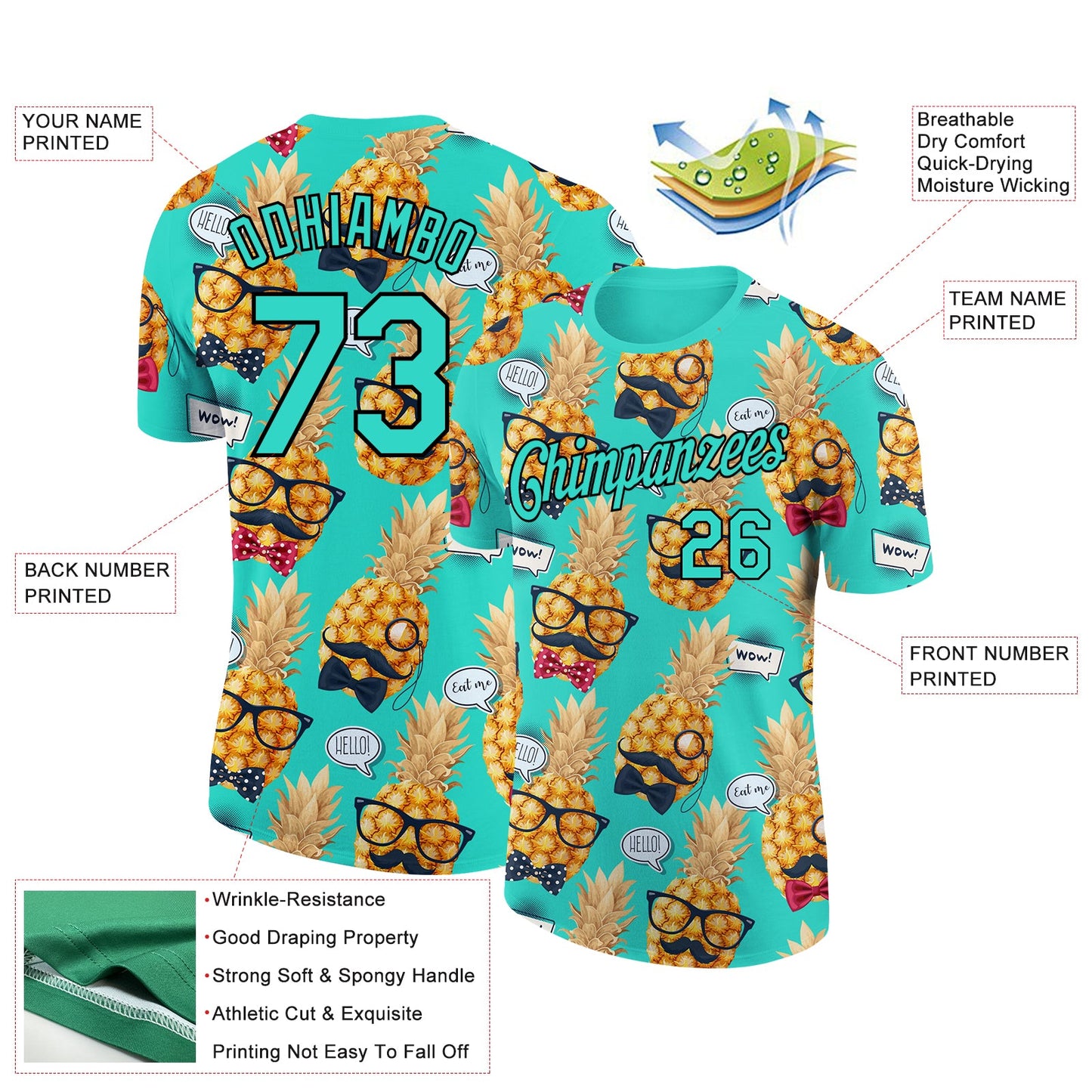 Custom Aqua Black 3D Pattern Design Hawaii Style Pineapple Performance T-Shirt view 2