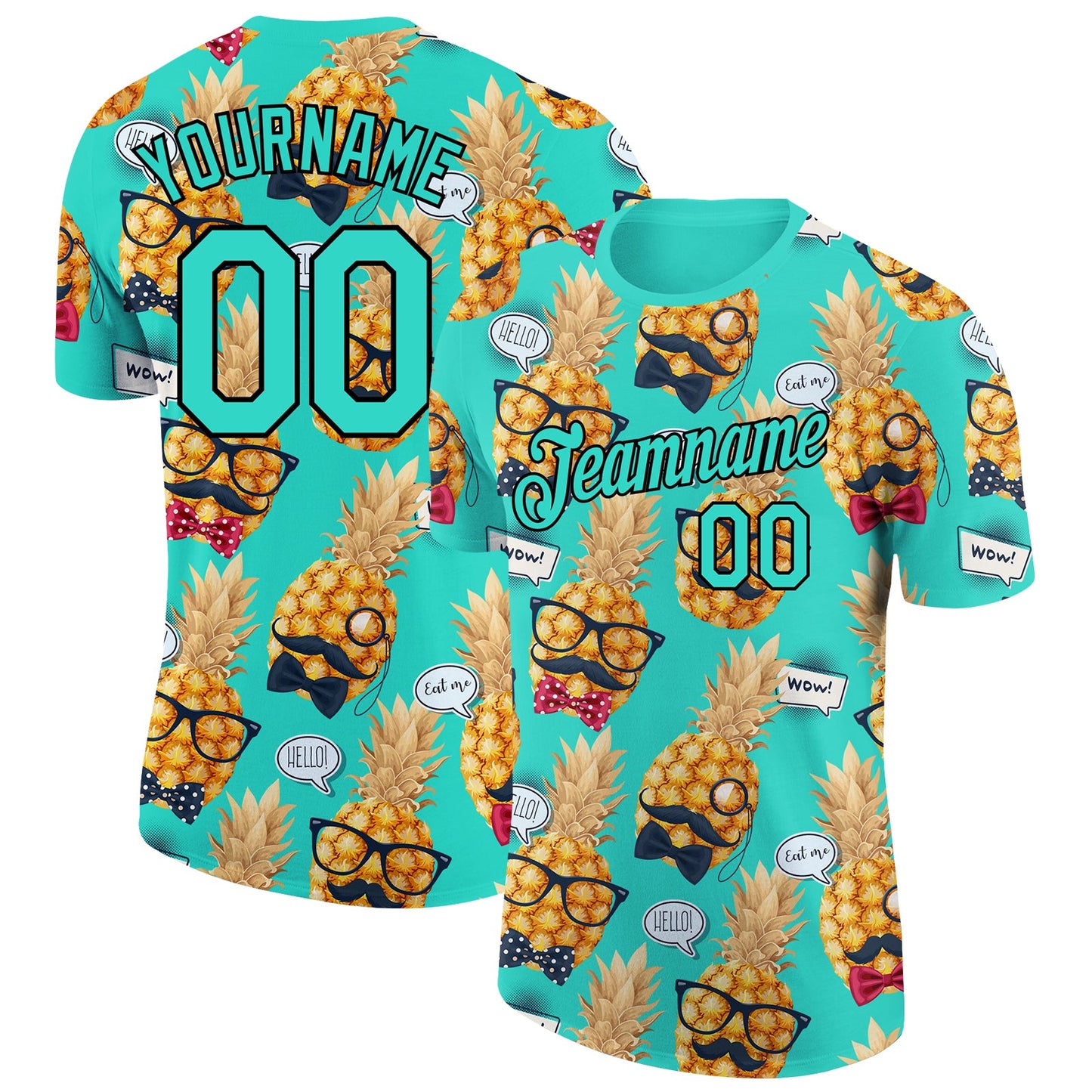Custom Aqua Black 3D Pattern Design Hawaii Style Pineapple Performance T-Shirt - Main View