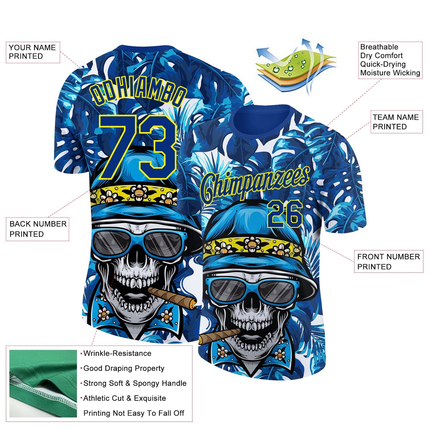 Custom Royal Light Yellow 3D Pattern Design Hawaii Style Skull And Tropical Palm Leaves Performance T-Shirt view 2