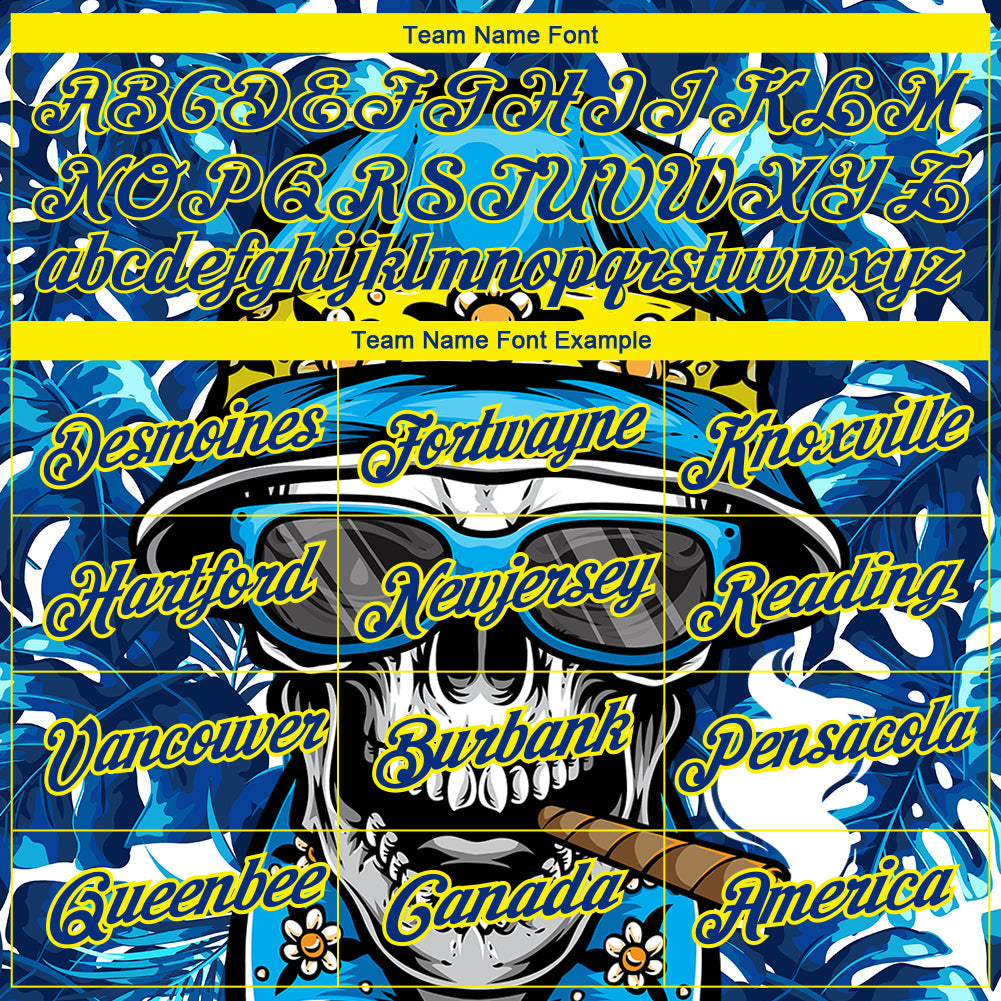 Custom Royal Light Yellow 3D Pattern Design Hawaii Style Skull And Tropical Palm Leaves Performance T-Shirt view 3