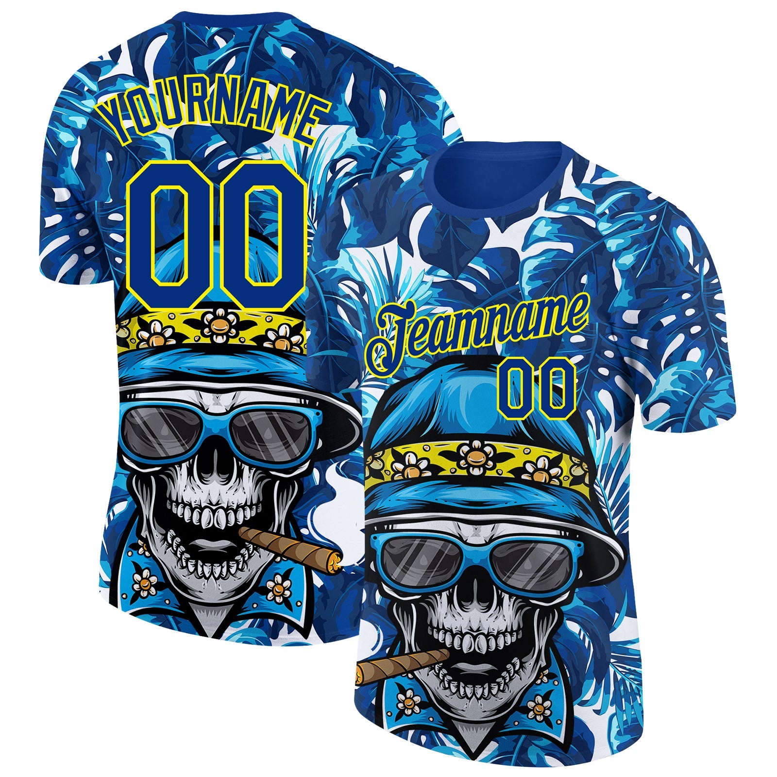 Custom Royal Light Yellow 3D Pattern Design Hawaii Style Skull And Tropical Palm Leaves Performance T-Shirt - Main View