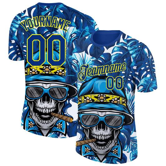 Custom Royal Light Yellow 3D Pattern Design Hawaii Style Skull And Tropical Palm Leaves Performance T-Shirt - Main View