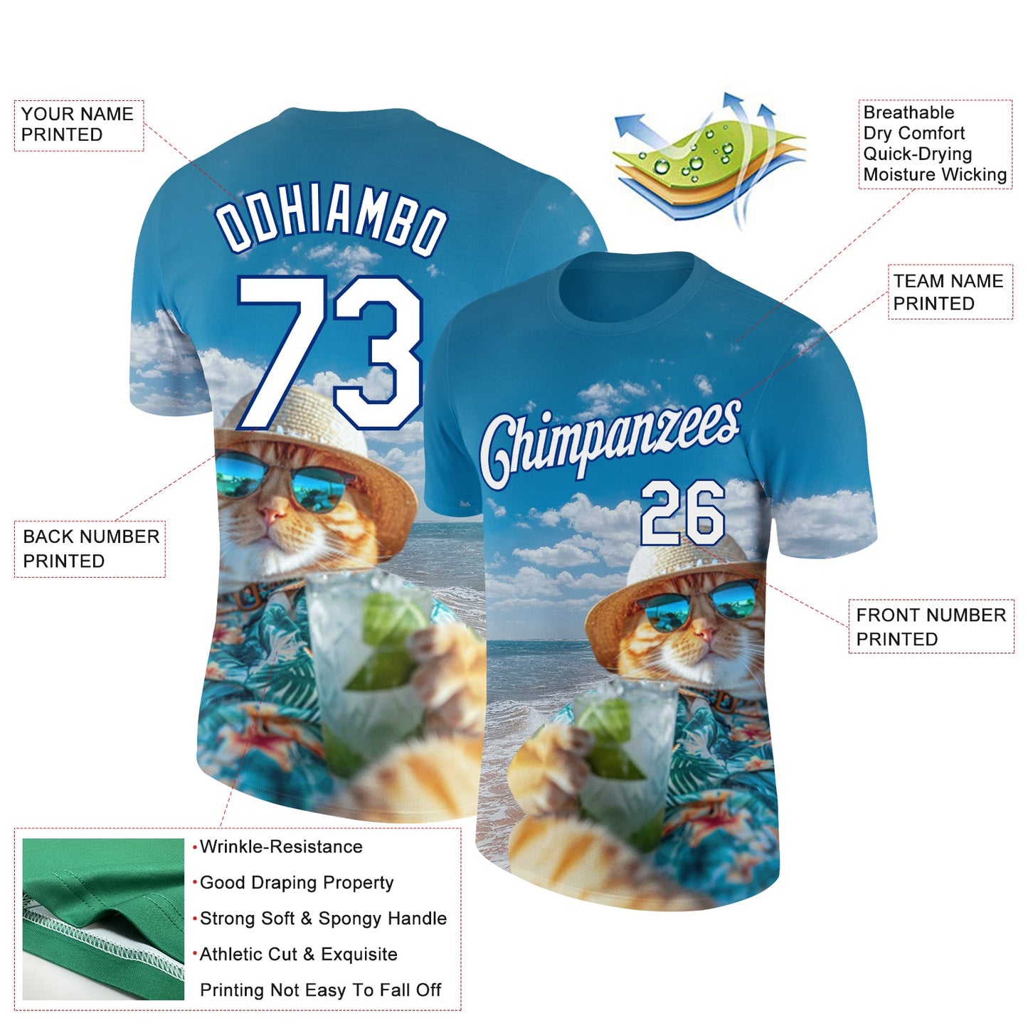 Custom Royal White 3D Pattern Design Hawaii Style A Cat Sunbathes On The Beach Performance T-Shirt view 2