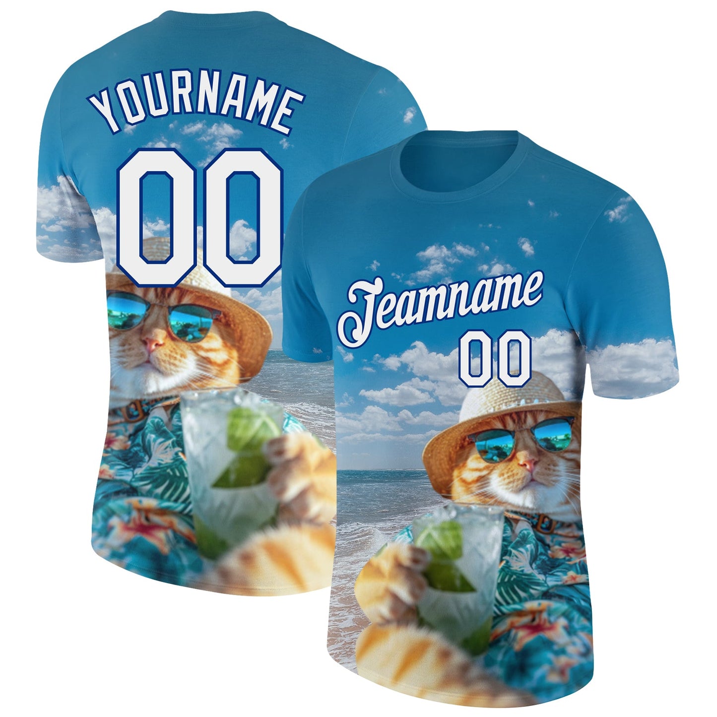 Custom Royal White 3D Pattern Design Hawaii Style A Cat Sunbathes On The Beach Performance T-Shirt - Main View