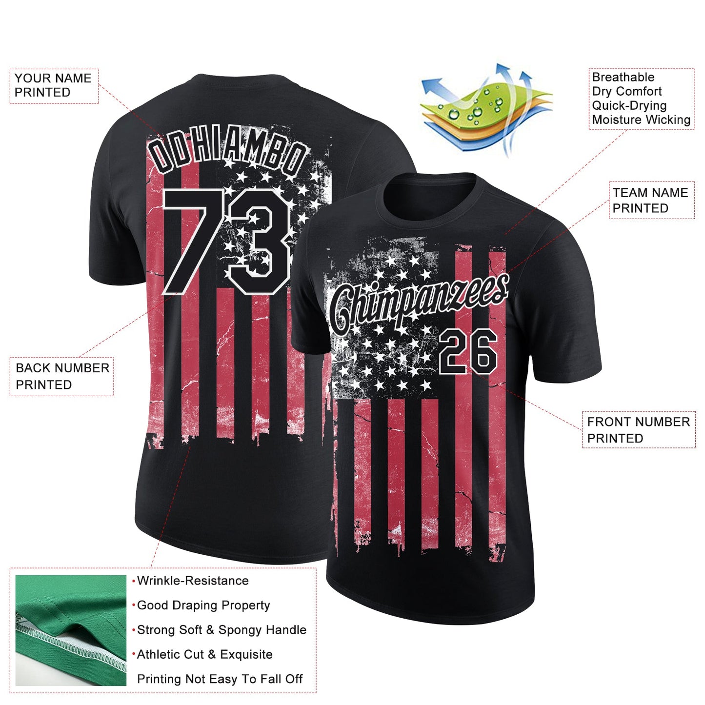 Custom Black Red-White 3D American Flag Performance T-Shirt view 2