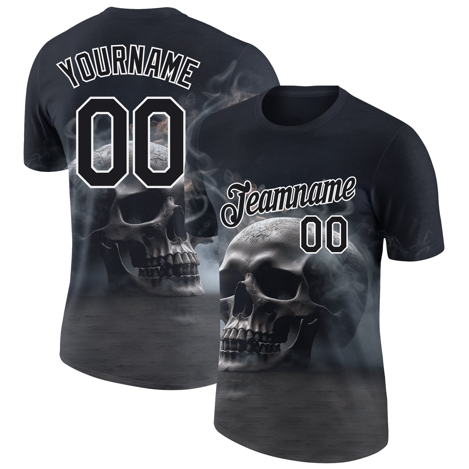 Custom Black White 3D Gothic Style Skull Fashion Performance T-Shirt - Main View