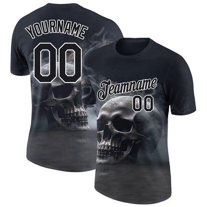 Custom Black White 3D Gothic Style Skull Fashion Performance T-Shirt - Main View