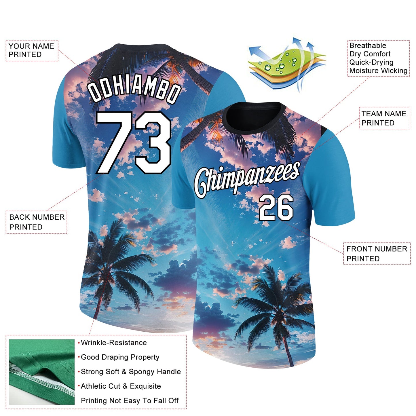Custom Powder Blue White-Black 3D Pattern Design Hawaii Palm Trees Performance T-Shirt view 2