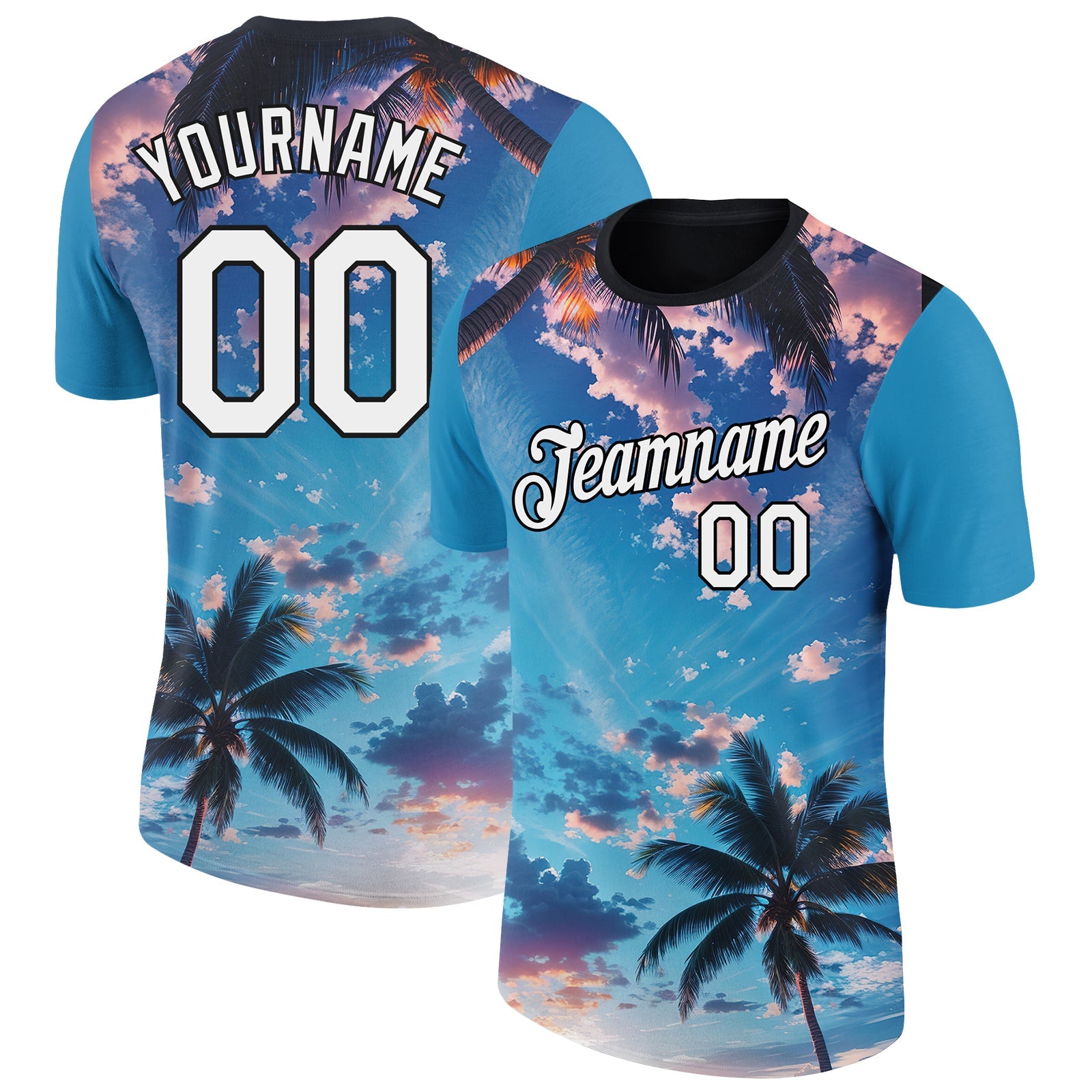 Custom Powder Blue White-Black 3D Pattern Design Hawaii Palm Trees Performance T-Shirt - Main View