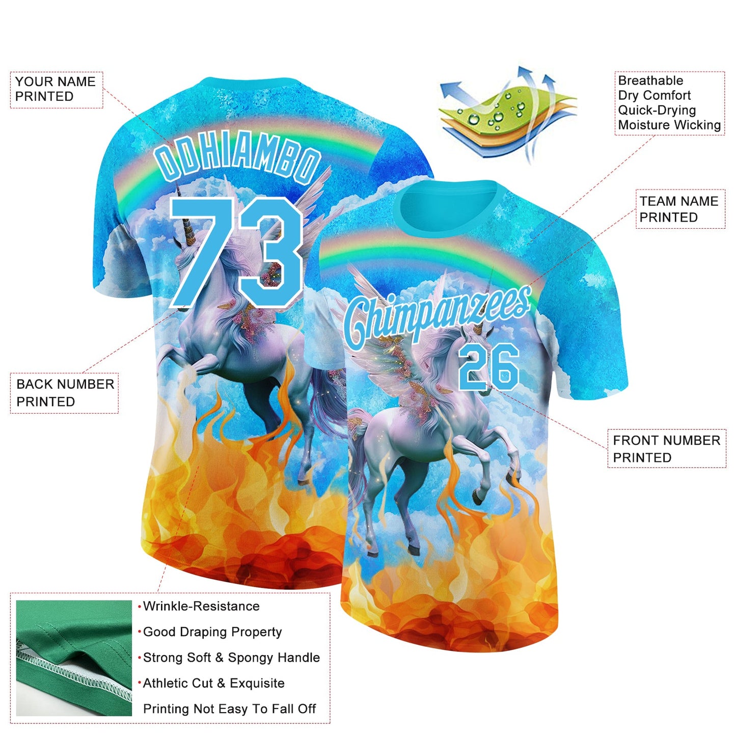 Custom Lakes Blue White 3D Pattern Design Unicorn Under The Rainbow Performance T-Shirt view 2