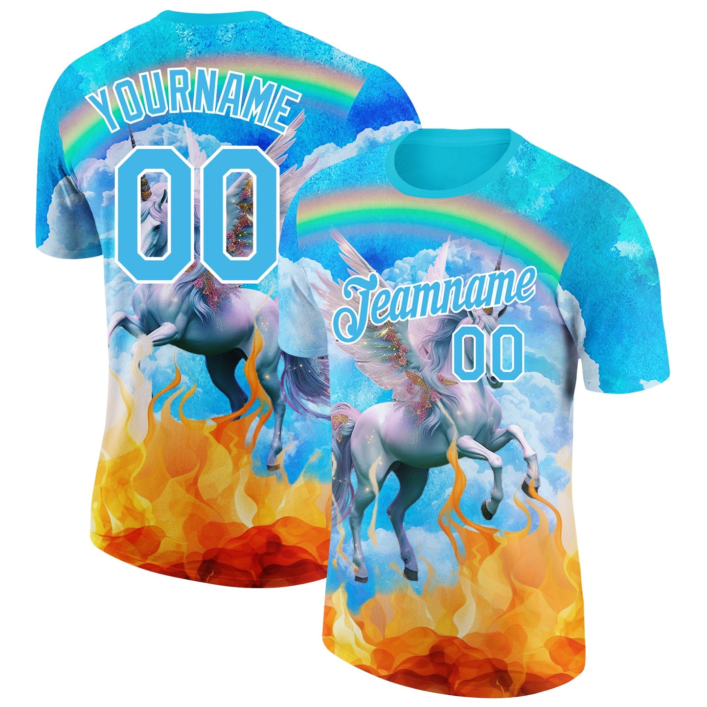 Custom Lakes Blue White 3D Pattern Design Unicorn Under The Rainbow Performance T-Shirt - Main View