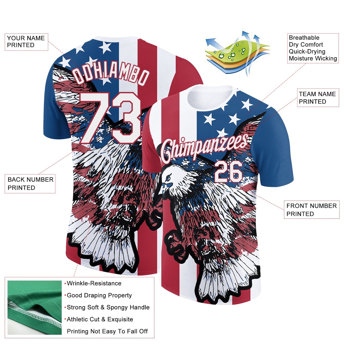 Custom White Red-Royal 3D American Flag And Eagle Performance T-Shirt view 2