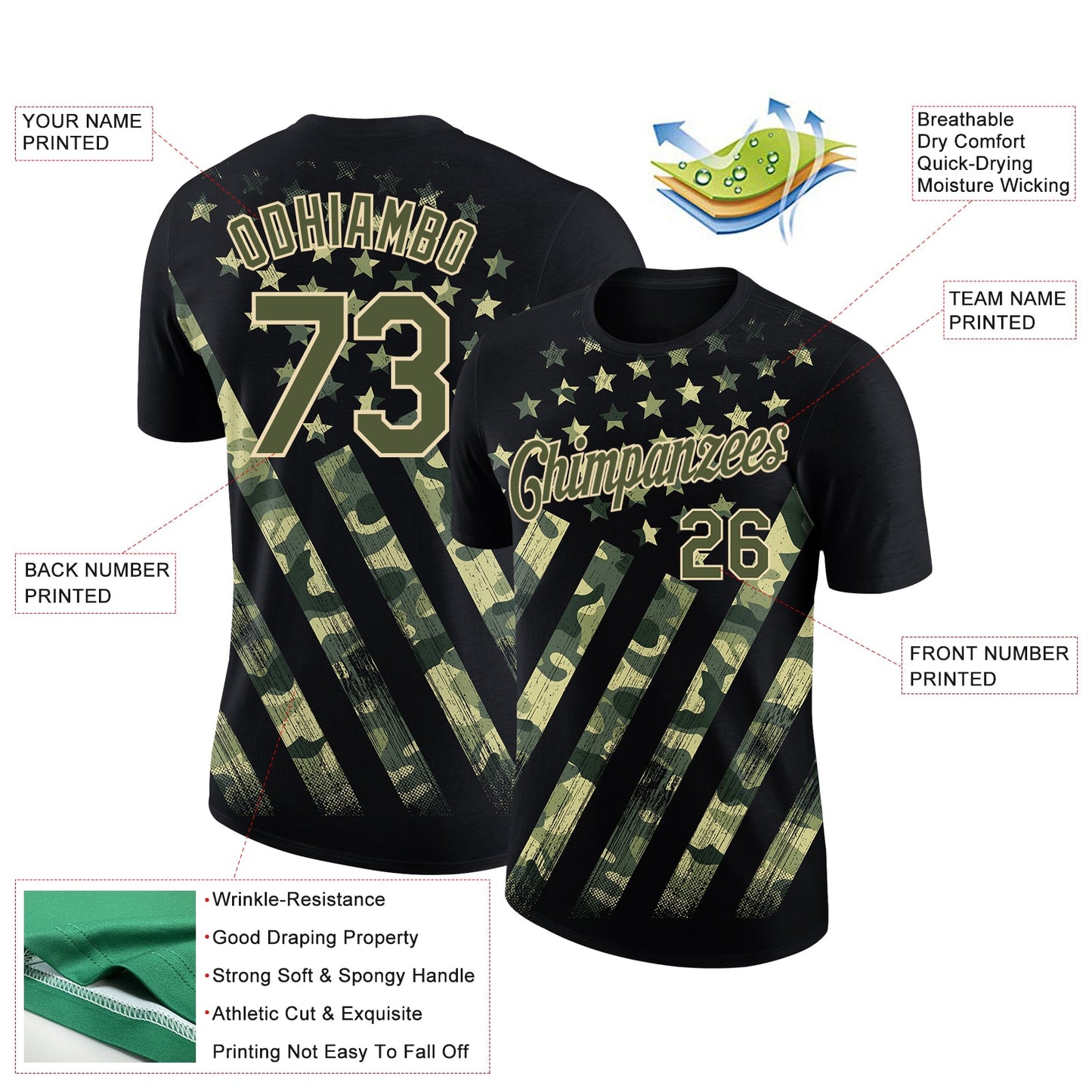 Custom Black Olive-City Cream 3D American Flag Performance T-Shirt view 2
