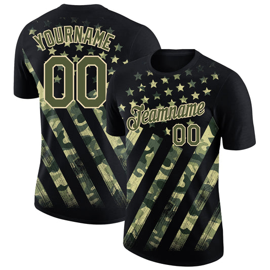 Custom Black Olive-City Cream 3D American Flag Performance T-Shirt - Main View