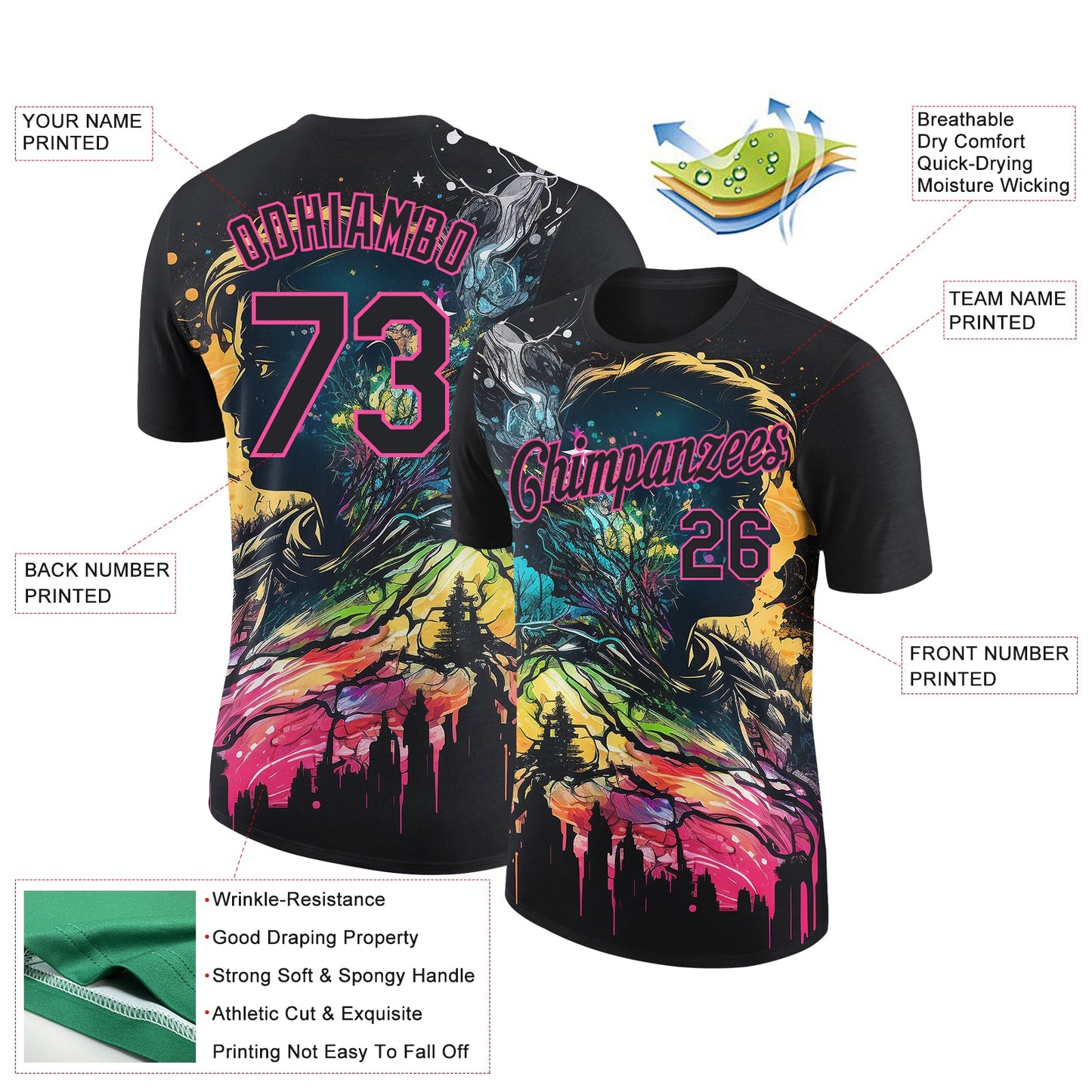 Custom Black Pink 3D Pattern Design Rave Dripping Splatter Art Performance T-Shirt view 2