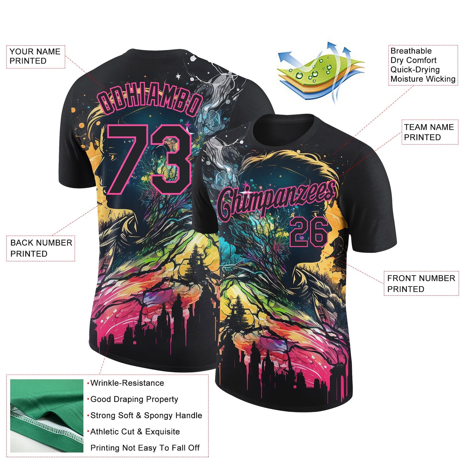 Custom Black Pink 3D Pattern Design Rave Dripping Splatter Art Performance T-Shirt view 2