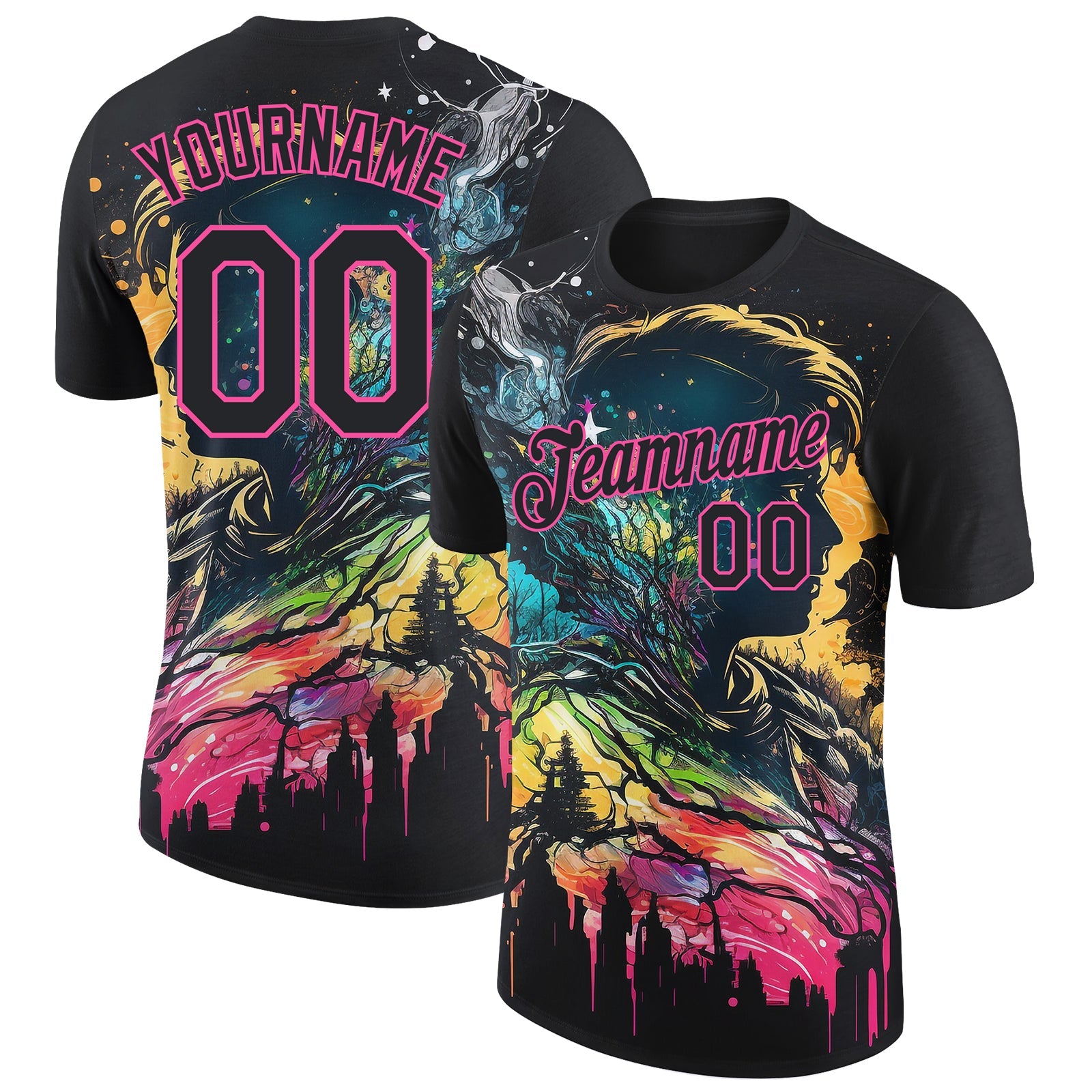 Custom Black Pink 3D Pattern Design Rave Dripping Splatter Art Performance T-Shirt - Main View