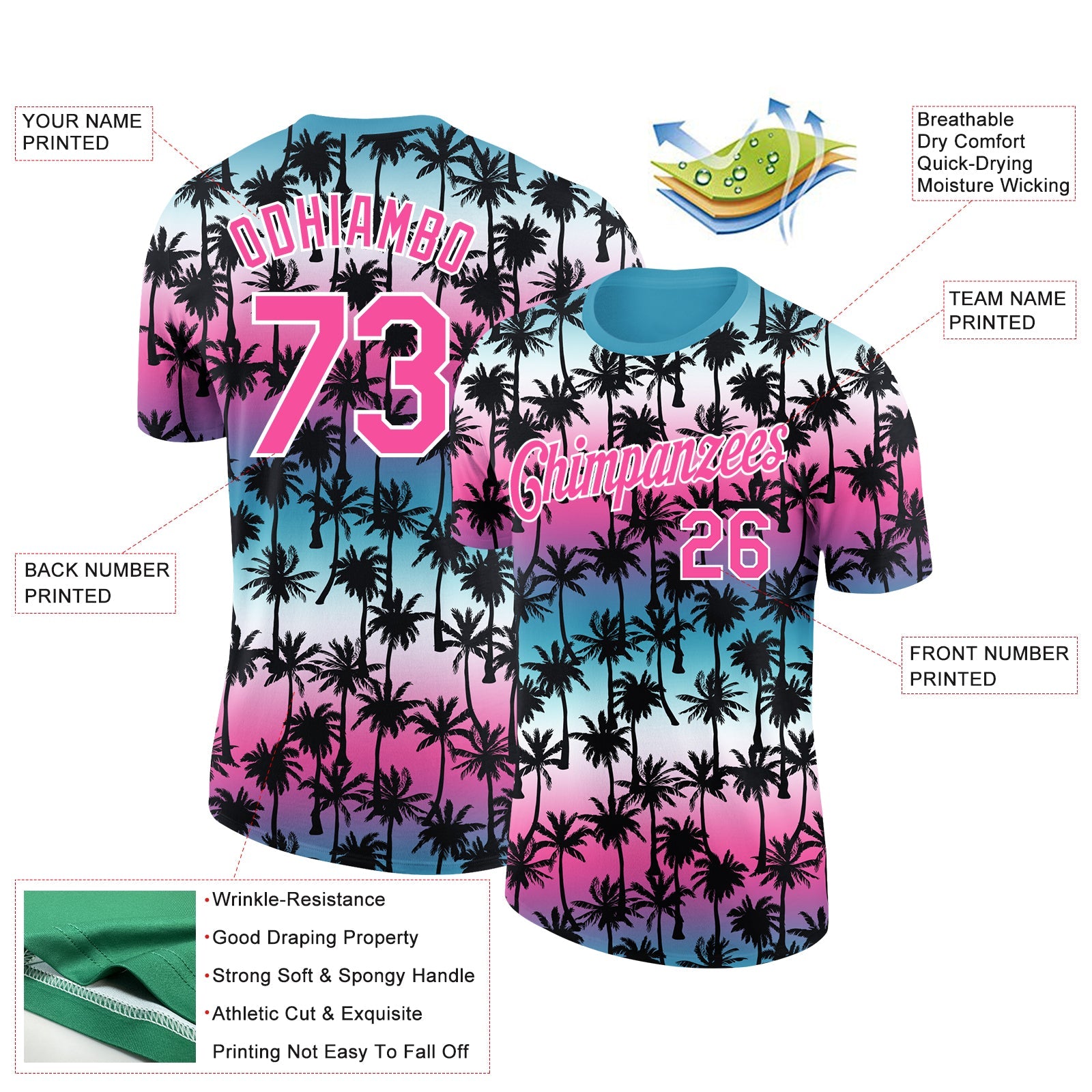 Custom Teal Pink-White 3D Pattern Design Hawaii Palm Trees Performance T-Shirt view 2