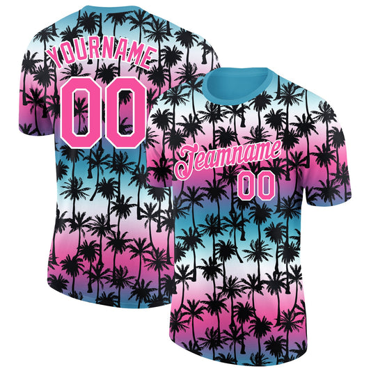 Custom Teal Pink-White 3D Pattern Design Hawaii Palm Trees Performance T-Shirt - Main View