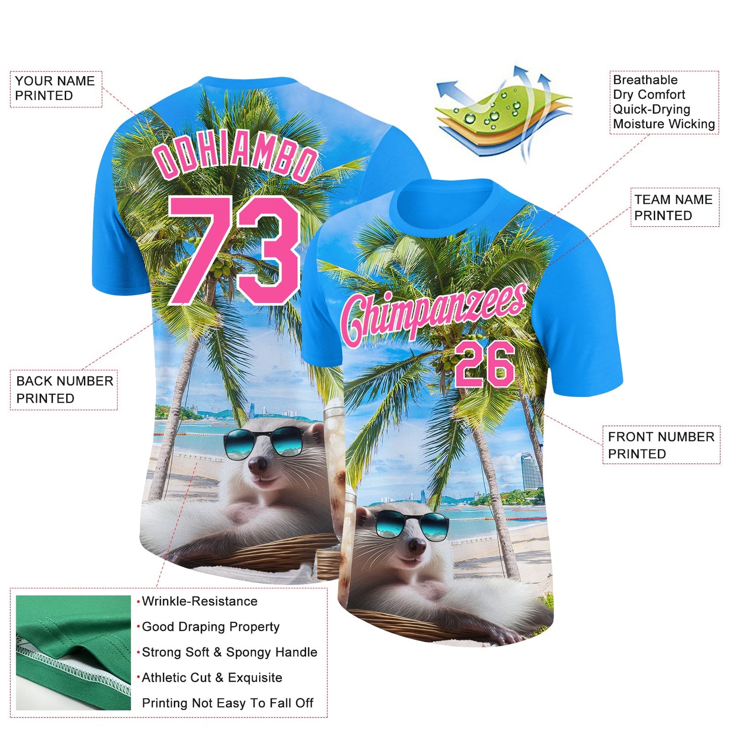 Custom Powder Blue Pink-White 3D Pattern Design Hawaii Palm Trees On Summer Beach Performance T-Shirt view 2