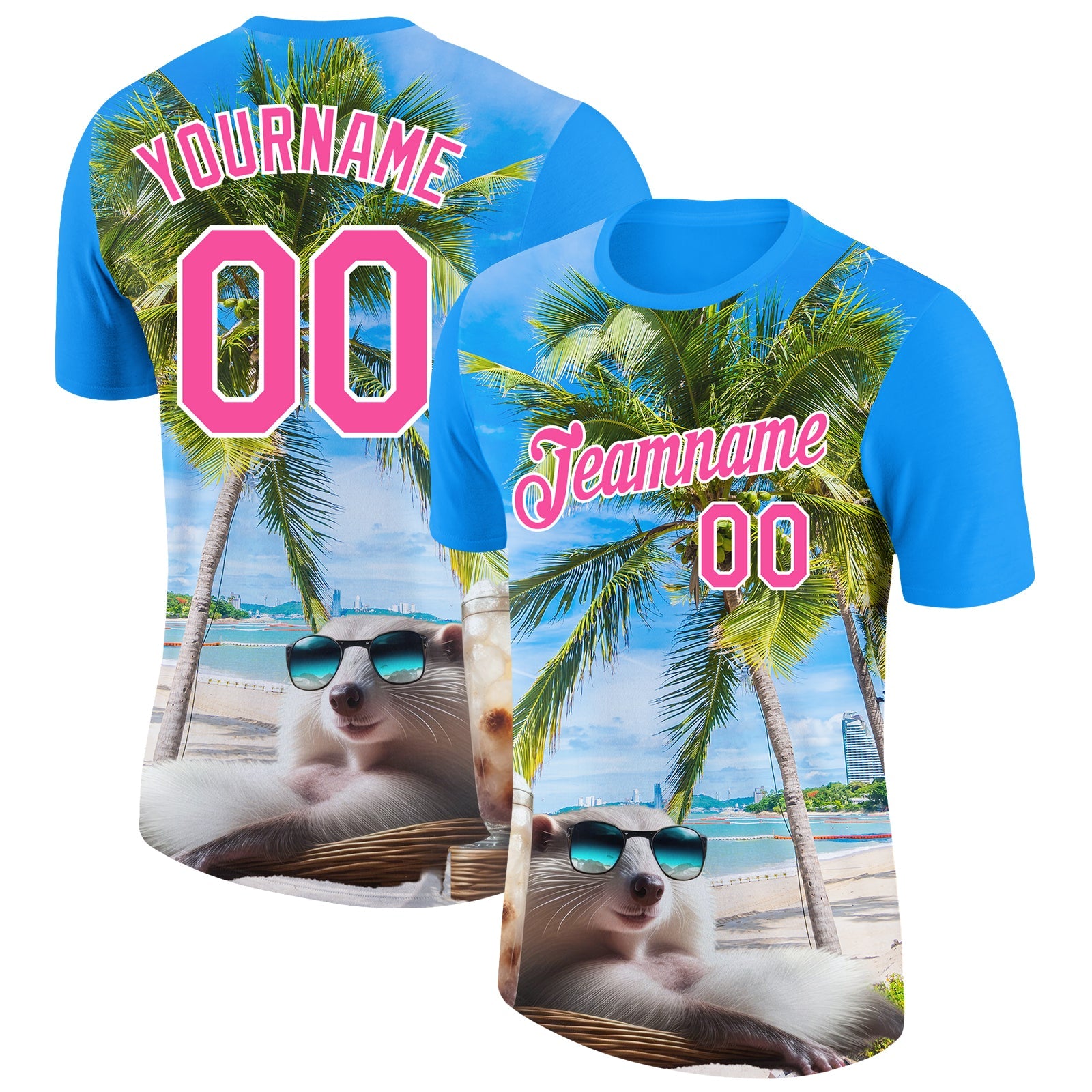 Custom Powder Blue Pink-White 3D Pattern Design Hawaii Palm Trees On Summer Beach Performance T-Shirt - Main View