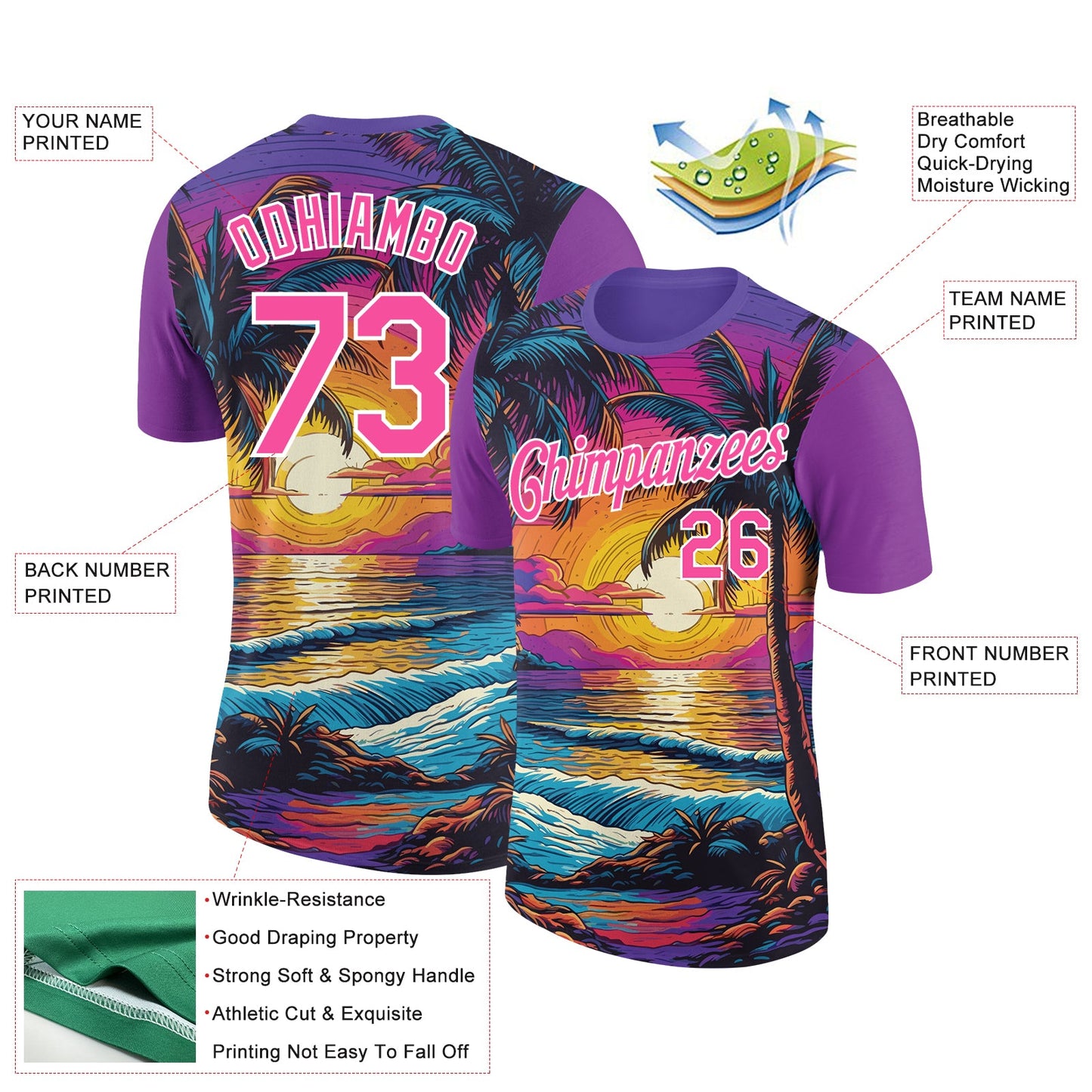 Custom Purple Pink-White 3D Pattern Design Hawaii Palm Trees On Beach Performance T-Shirt view 2
