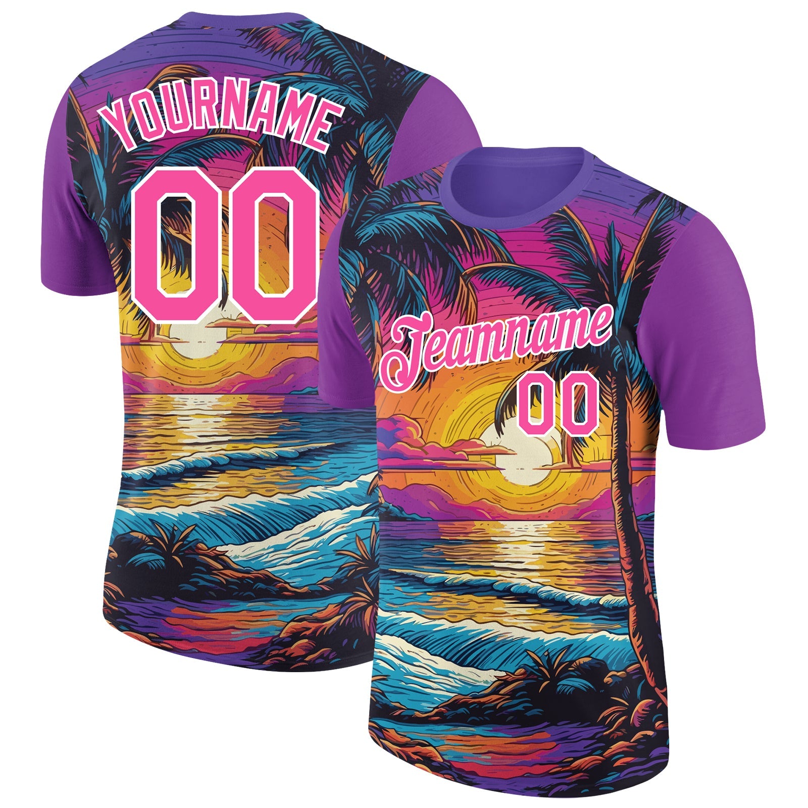 Custom Purple Pink-White 3D Pattern Design Hawaii Palm Trees On Beach Performance T-Shirt - Main View