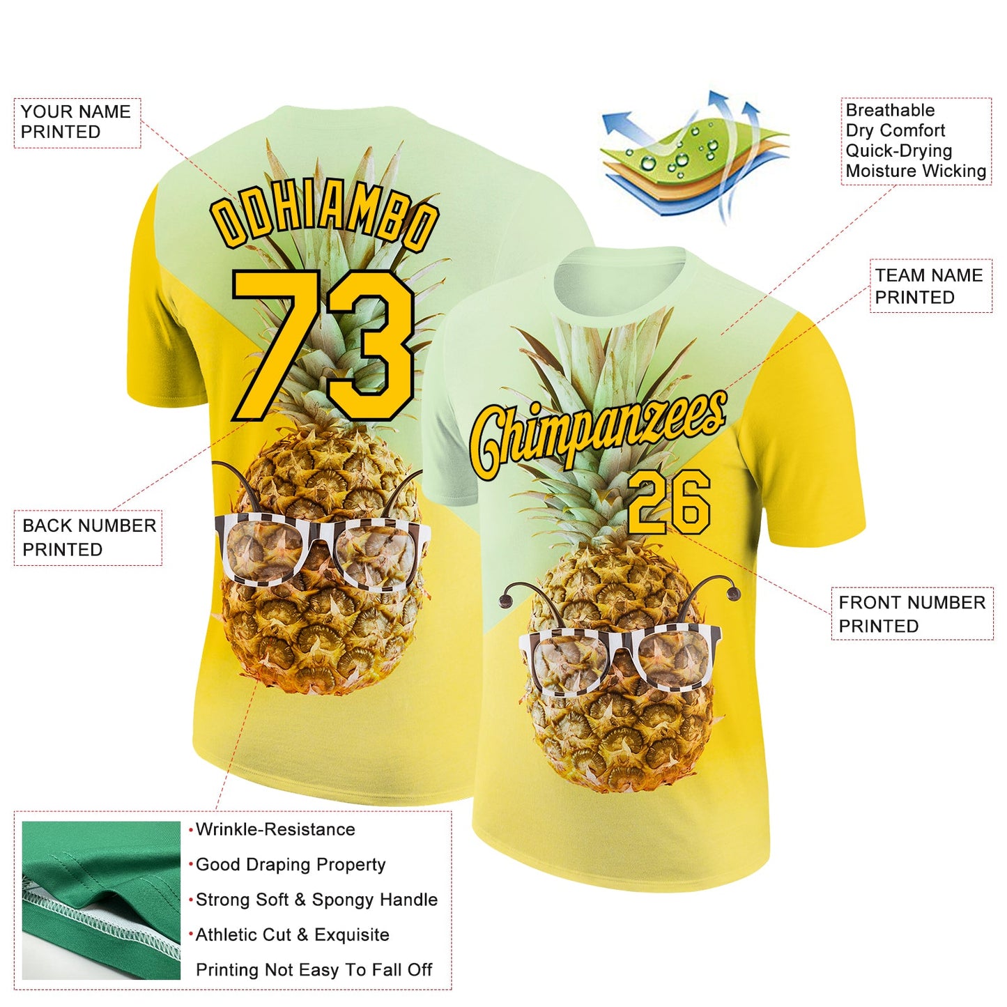 Custom Pea Green Gold-Black 3D Pattern Design Hawaii Style Pineapple Performance T-Shirt view 2