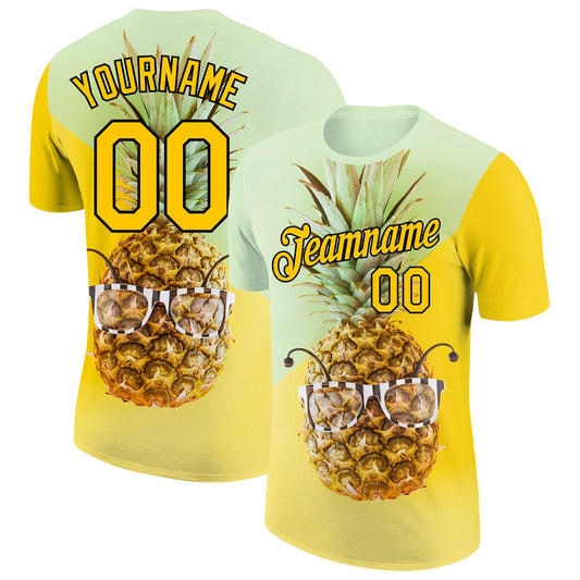 Custom Pea Green Gold-Black 3D Pattern Design Hawaii Style Pineapple Performance T-Shirt - Main View