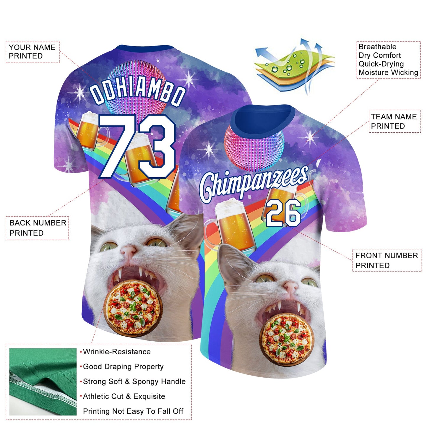 Custom Purple White-Royal 3D Pattern Design Rave Animal Cat Performance T-Shirt view 2