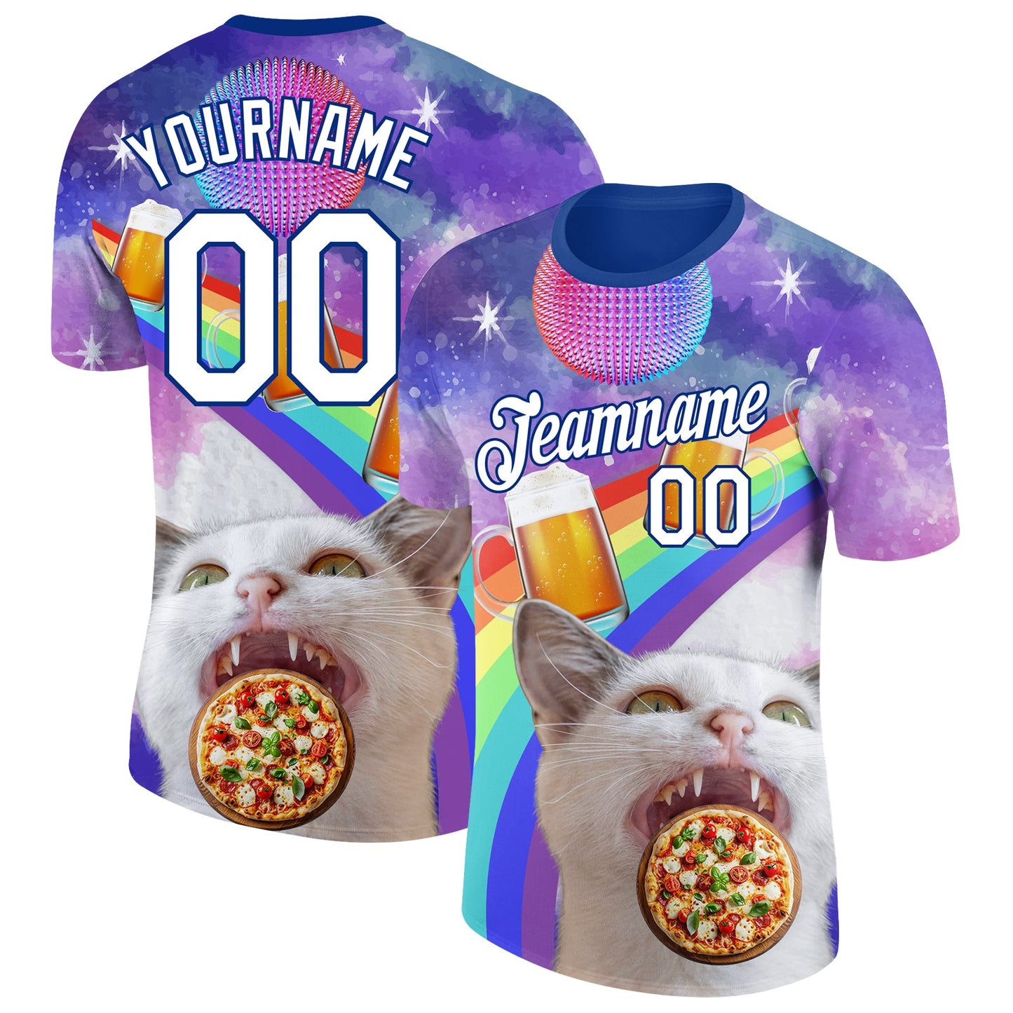 Custom Purple White-Royal 3D Pattern Design Rave Animal Cat Performance T-Shirt - Main View