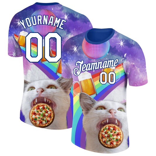 Custom Purple White-Royal 3D Pattern Design Rave Animal Cat Performance T-Shirt - Main View